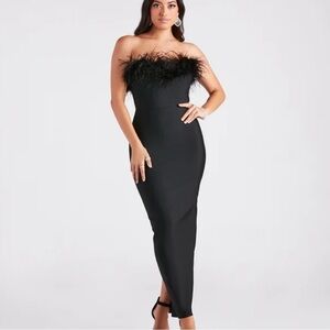 NWT Windsor Olivia Formal Marabou Feather Bandage Dress black size XS